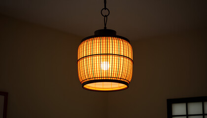 Japanese paper lantern chandelier with minimal aesthetic, soft glowing light, traditional Zen interior design