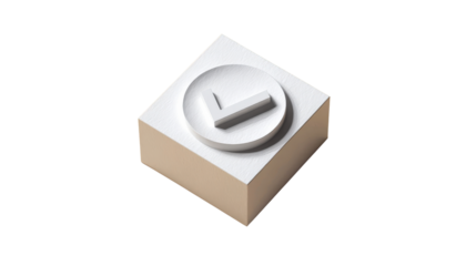 3D check mark carved into flat white block, modern embossed style, minimal background isolated on a Transparent background, PNG file.