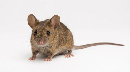 A small brown mouse with large ears and a long tail is visible against a plain light colored surface in a studio shot