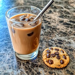 Refreshing Iced Coffee with Chocolate Chip Cookie and Coffee Beans on Marble Counter