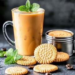 Refreshing Iced Coffee with Delicious Cookies and Fresh Mint on a Dark Background
