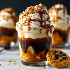 Decadent Caramel Iced Coffee Dessert with Whipped Cream, Sprinkles, and Cookie