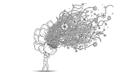 person carrying chaotic cloud of thoughts and mental overload illustration