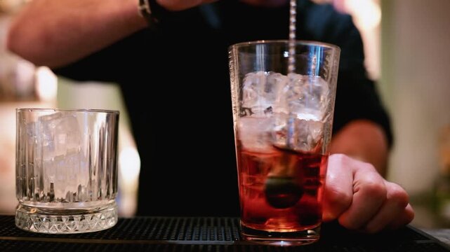 Close up of a bartender stirring a red cocktail with a long bar spoon in a highball glass