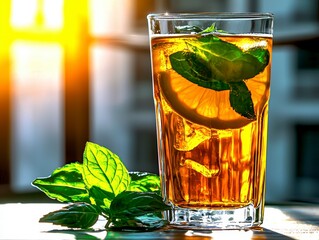 Refreshing Iced Tea with Lemon, Mint, and Ice Cubes in Golden Sunlight