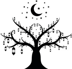 Ramadan tree silhouette vector illustration with crescent moon isolated on transparent background