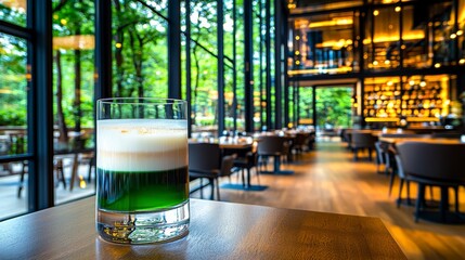 Elegant Layered Drink on Table in Modern Cafe with Lush Green Background