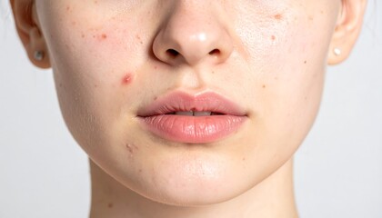 Close-up of a fair-skinned person's face featuring natural skin texture, blemishes, and soft pink lips against a white backdrop