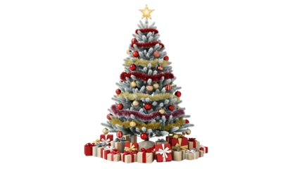 Decorated christmas tree with gifts isolated on white background