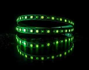 A close-up showcases a spiraled illuminated strip, each element emitting vibrant green light, reflected on a dark, reflective surface