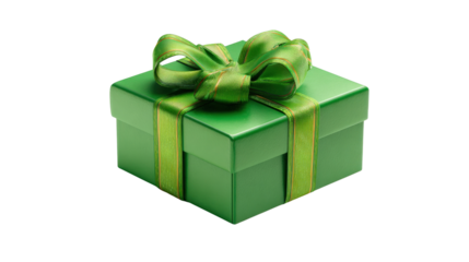 3D floating green gift box with vibrant ribbon and subtle shadows isolated on a Transparent background, PNG file.