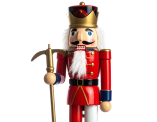 A brightly colored wooden soldier-like figure, a nutcracker, is posed against a black background