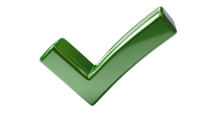 3D green check mark with smooth metallic finish, cast shadow below, clean white scene isolated on a Transparent background, PNG file.