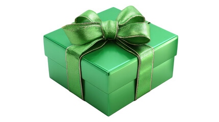 3D green gift box with shiny ribbon background isolated on a Transparent background, PNG file.