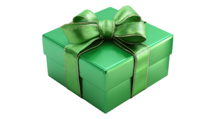 3D green gift box with shiny ribbon background isolated on a Transparent background, PNG file.