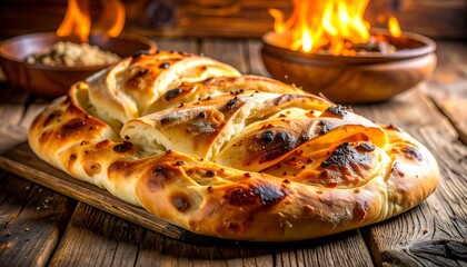 Traditional Turkish Bread on Wooden Table.