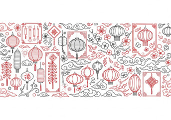 Hand Drawn Chinese New Year Elements Pattern on White Background