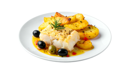 A white plate displays baked fish with roasted potatoes, olives, and a sprig of rosemary