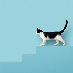 Black and white cat walking downstairs against minimal blue background