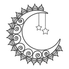 crescent moon with hanging stars. 