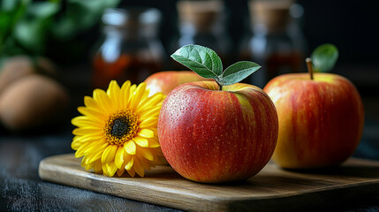 Close-up of two dew-kissed red and yellow apples, one adorned with fresh green leaves, beside cheerful yellow daisy on dark wooden cutting board, with rustic kitchen backdrop.