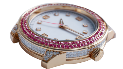 3D luxury wristwatch icon with diamond-encrusted bezel, clean white backdrop isolated on a Transparent background, PNG file.