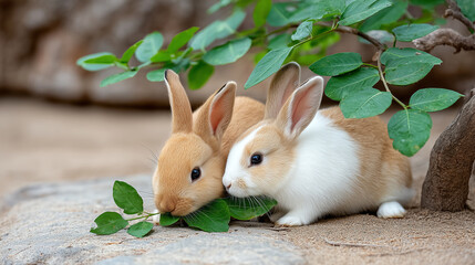 Two cute rabbits eating green leaves under small tree on sandy ground