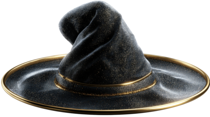 3D magic hat with shiny fabric texture and golden rim, centered and isolated on a Transparent background, PNG file.