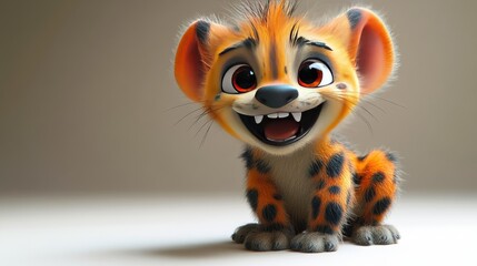 A cute, animated orange leopard cub with big expressive eyes and an excited, mischievous grin showing tiny sharp teeth.
