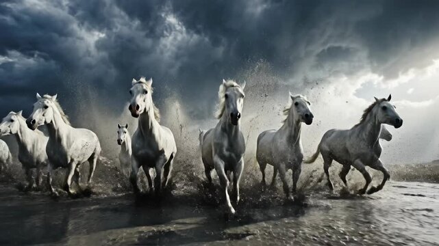 A powerful tracking shot following seven muscular white horses intensely galloping through shallow water, framed against an immense and brooding cloudscape beach, vfxready, stormy