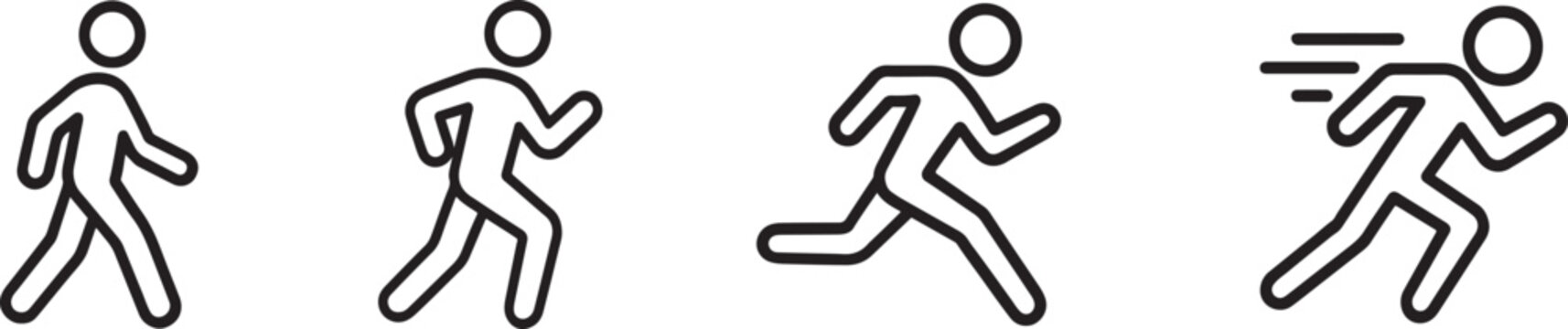 Editable run line icon set in silhouette style, EPS vectors for fitness, sport, and activity designs.