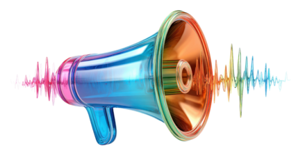 3D megaphone icon with sound wave graphics, vibrant colors, isolated on a Transparent background, PNG file.