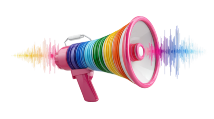 3D megaphone icon with sound wave graphics, vibrant colors, isolated on a Transparent background, PNG file.
