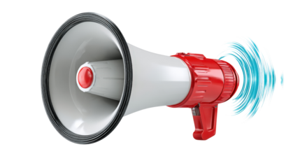 3D megaphone with sound waves emanating, dynamic and isolated on a Transparent background, PNG file.