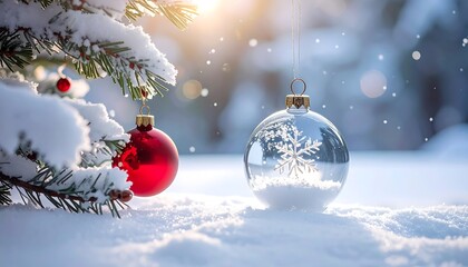 Christmas Ornaments in Snowy Winter Scene.