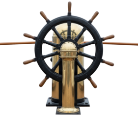 Brass and black metal ship steering wheel helm on stand isolated on transparent background