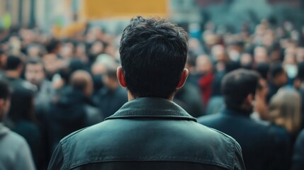 A man standing with his back to the camera in front of a crowd, highlighting the theme of communication amidst social challenges.
