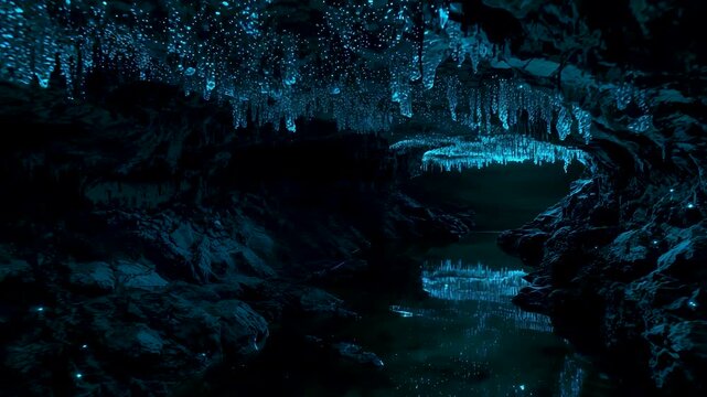 Mysterious Glowing Blue Cave with Icicles Hanging Over Reflective Underground Stream