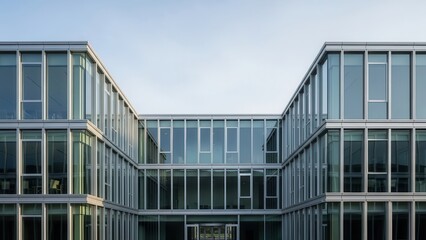 A modern Hong Kong office building features a sleek glass facade and urban architecture under a blue sky, showcasing contemporary business design through its towering skyscraper structure and windows