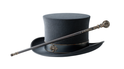 3D render of magician hat and wand crossed in front, elegant icon concept on white isolated on a Transparent background, PNG file.