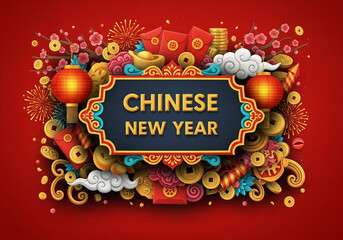Elegant Chinese New Year Greeting Design with Blue Label and Traditional Symbols