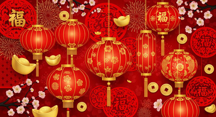 Red Festive Background with Hanging Lanterns and Chinese Prosperity Symbols