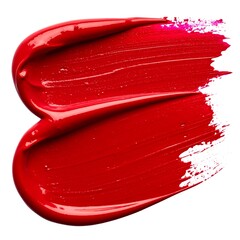 Close-up of a glossy, vivid red paint stroke with thick, textured ridges on a white background, suggesting a brushstroke