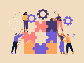 Teamwork and collaboration building solutions with puzzle pieces and gears