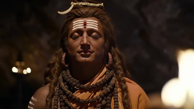 Hindu deity meditating with serene, and cave.