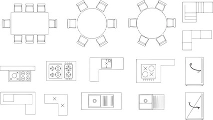 Obraz premium Architectural blueprints of modern interior furniture, with top-down views of dining tables, sofas, and kitchen elements, rendered in a crisp, technical style.