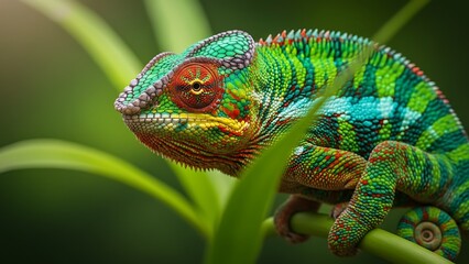 Obraz premium Vibrant forest animal colorful chameleon in tropical foliage