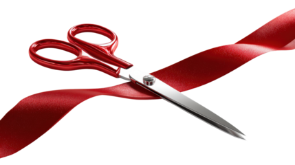 3D render of scissors cutting ribbon, on bright white backdrop isolated on a Transparent background, PNG file.
