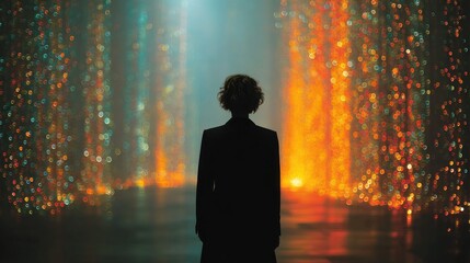 Silhouette of a person facing glowing, abstract, colorful streams of light