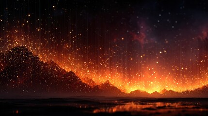 Fototapeta premium Glowing abstract landscape with fiery particles cascading over silhouetted mountains